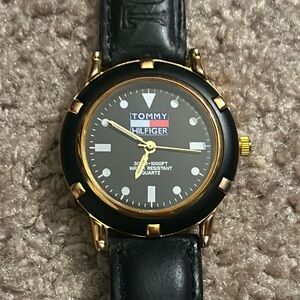 Tommy Hilfiger women’s vintage black/gold genuine‎ leather adjustable wristwatch
